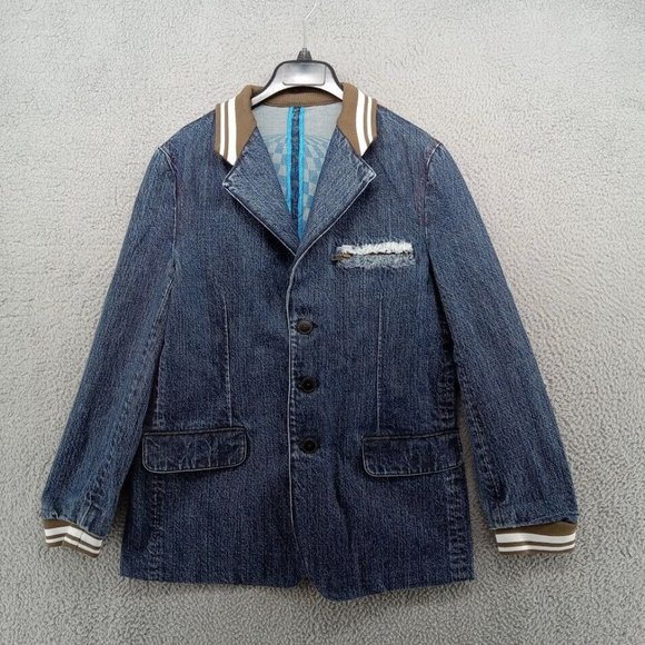 Bear USA‎ Jacket Mens 38R Blue Jean Denim Button Up Distressed Retro Blazer Y2K - Picture 1 of 10